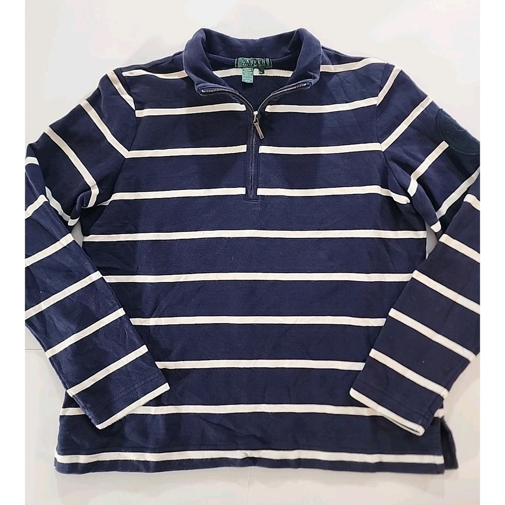 Lauren Ralph Lauren L Navy Blue White Striped 1/4 Zip Pullover Sweater Top